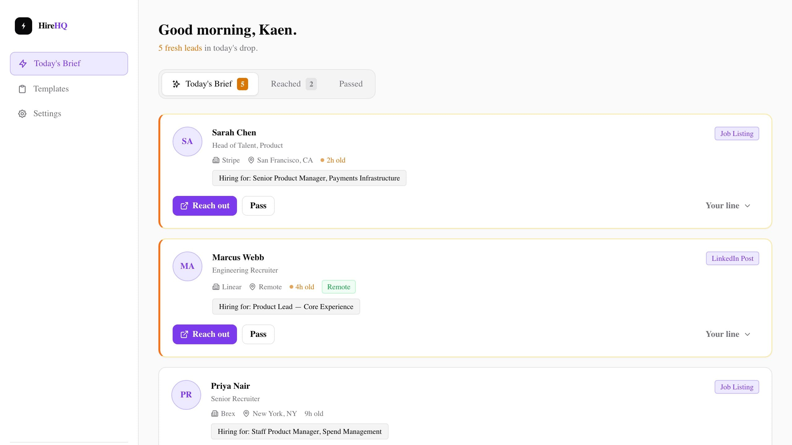 Hire HQ dashboard showing your daily recruiter brief
